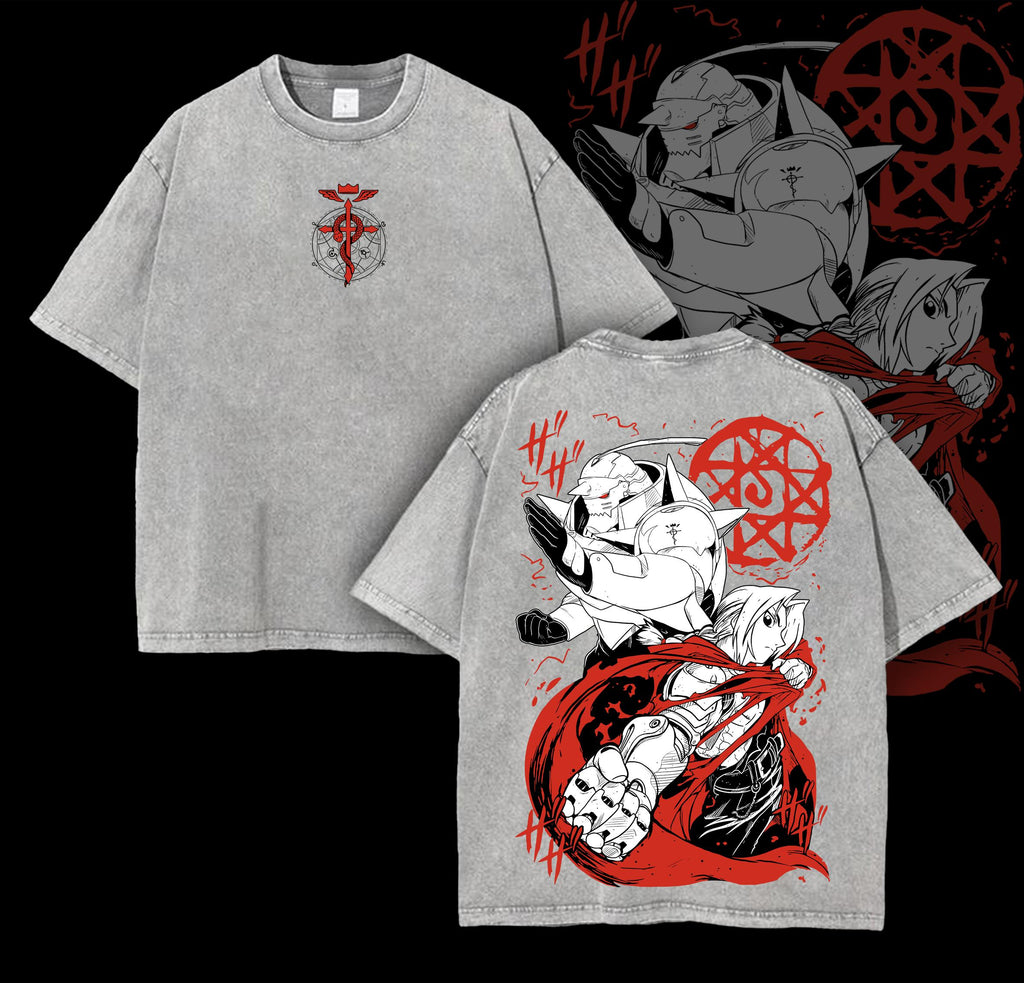 Alphonse Elric x Fullmetal Alchemist Brotherhood Anime Tee Vintage Washed T-Shirt – FMA Alchemy Symbol Graphic Tee for Anime Fans Outfits Men