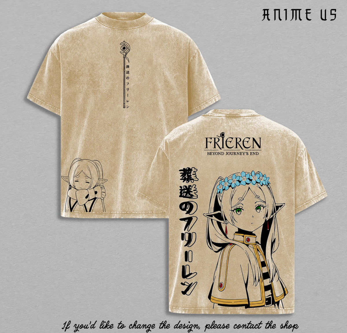 Frieren Beyond Journey’s End Vintage Washed Shirt Japanese Kanji Anime Tee Elf Mage Manga Streetwear