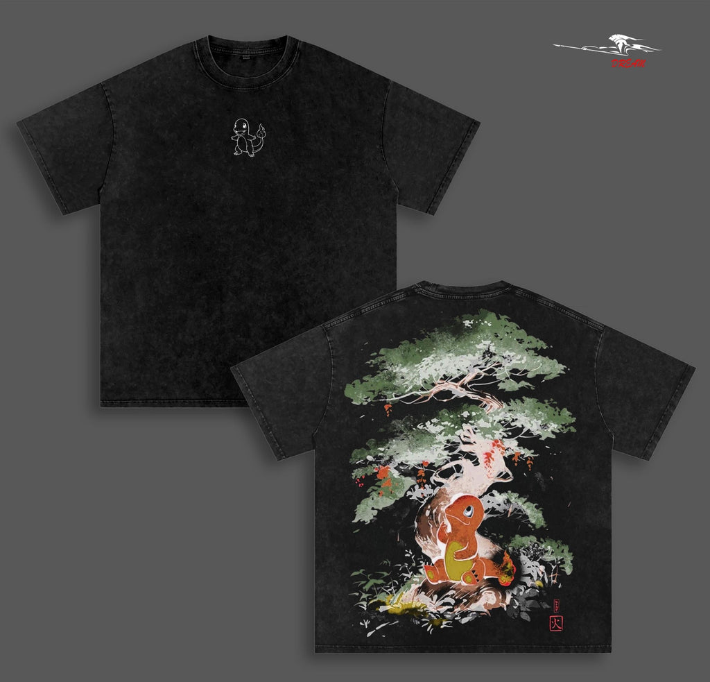 Charmander - Pokemon Anime Double Printed Vintage Washed Tee Unisex Oversize Heavyweight Cotton T-shirt for Anime Fans and Lovers