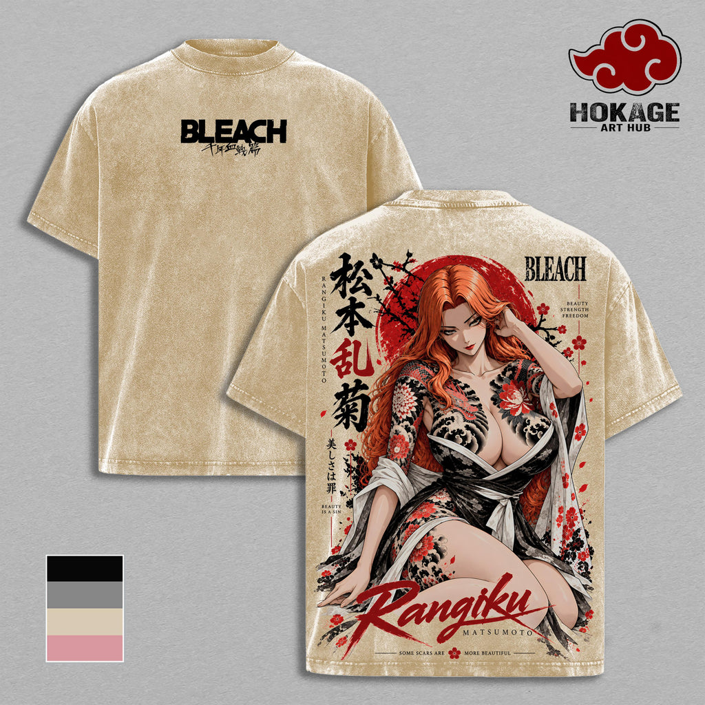Rangiku Bleach T-Shirt, Rangiku Matsumoto Anime Graphic Tee, Japanese Irezumi Tattoo Art, Vintage Washed Heavy Cotton Unisex Oversized Streetwear Top
