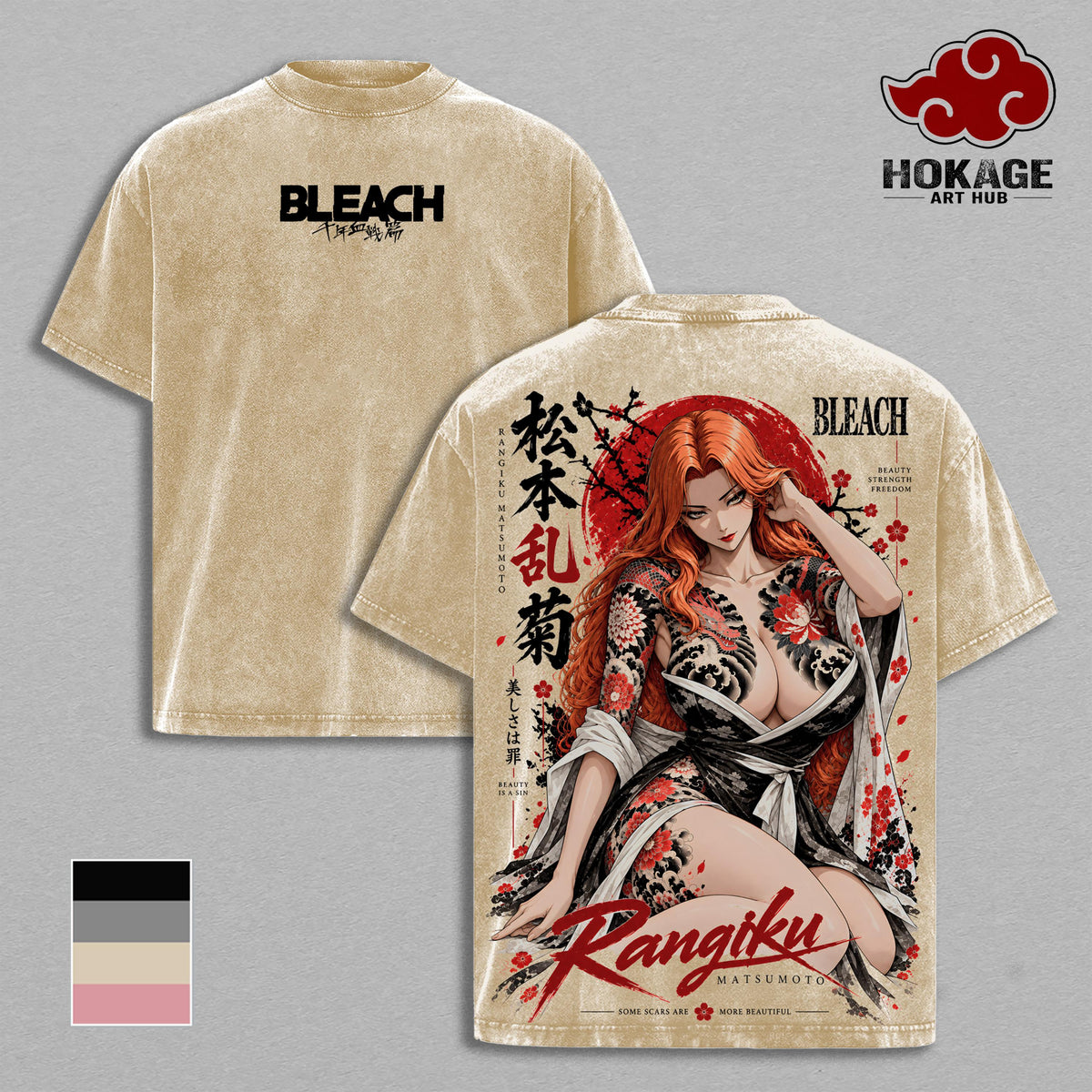 Rangiku Bleach T-Shirt, Rangiku Matsumoto Anime Graphic Tee, Japanese Irezumi Tattoo Art, Vintage Washed Heavy Cotton Unisex Oversized Streetwear Top