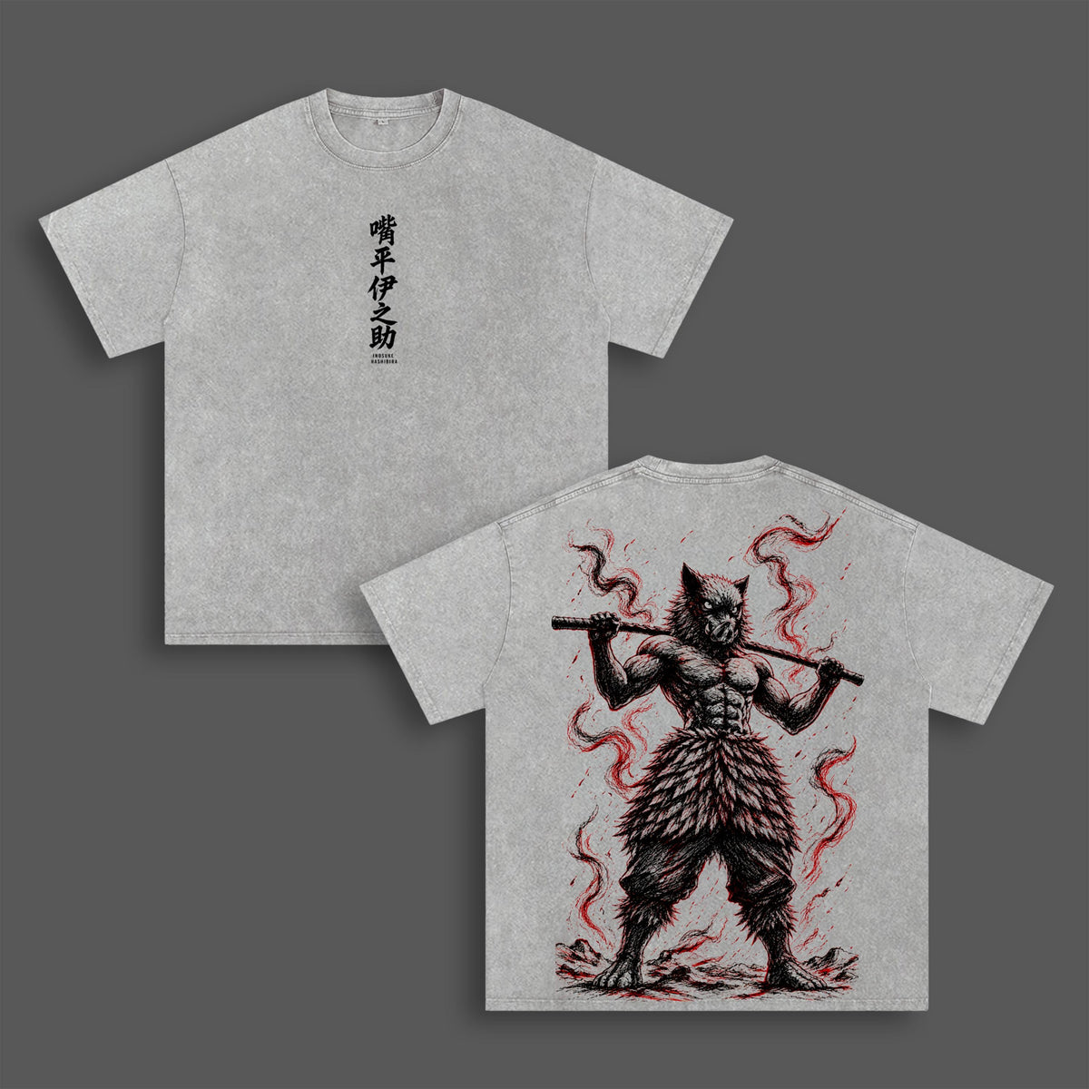 Inosuke Hashibira Demon SLayer Anime Double Printed Vintage Washed Tee Unisex Oversize Anime Manga Washed Heavyweight Cotton T-shirt