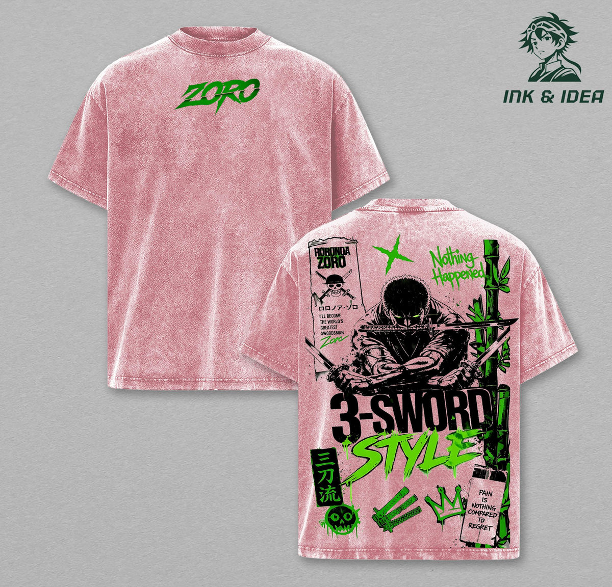 Roronoa Zoro 3 Sword Style One Piece Anime Vintage Washed Tee