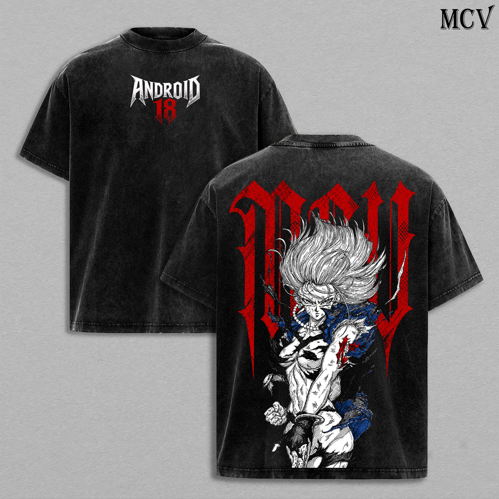 Android 18 DBZ Blonde Cyborg 18 Vintage Washed T-Shirt | Anime Android Girl Graphic Tee | Retro Power Fighter Streetwear Oversized Shirt