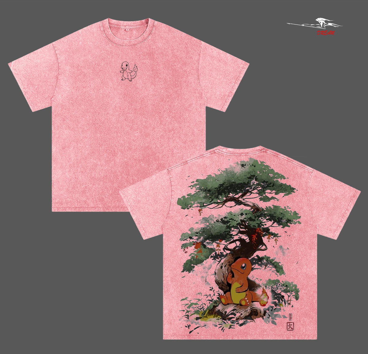 Charmander - Pokemon Anime Double Printed Vintage Washed Tee Unisex Oversize Heavyweight Cotton T-shirt for Anime Fans and Lovers