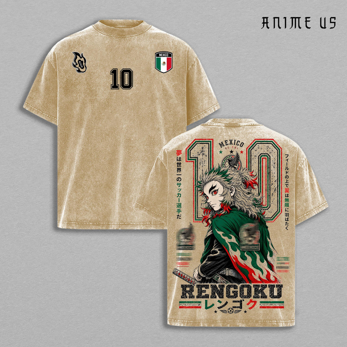 Mexico World Football 2026 Rengoku Flame Warrior Anime Vintage Washed Tee