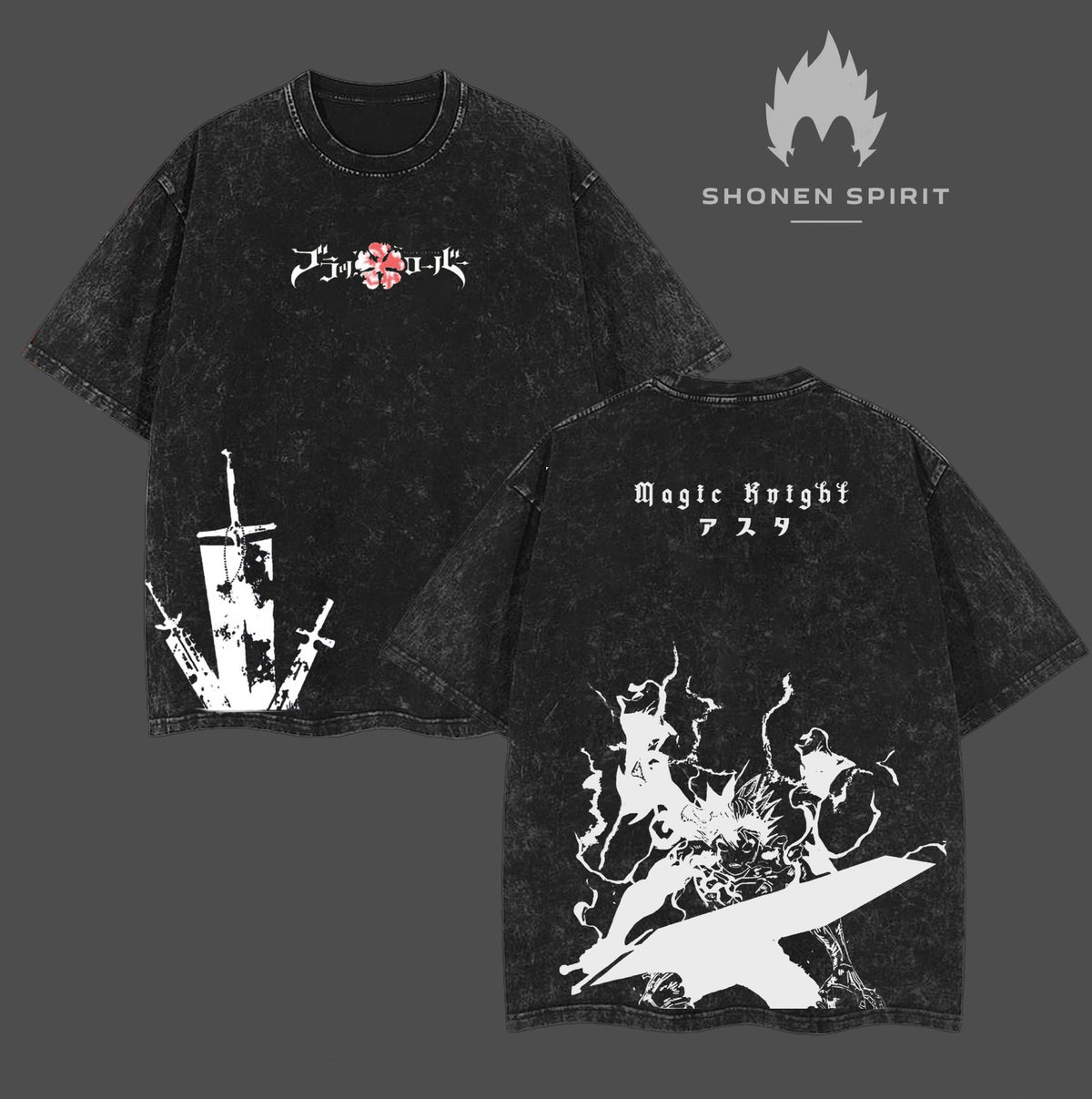 Magic Knight Asta - Black Clover Anime Double Printed Vintage Washed Tee Unisex Oversize Heavyweight Cotton T-shirt for Anime Fans