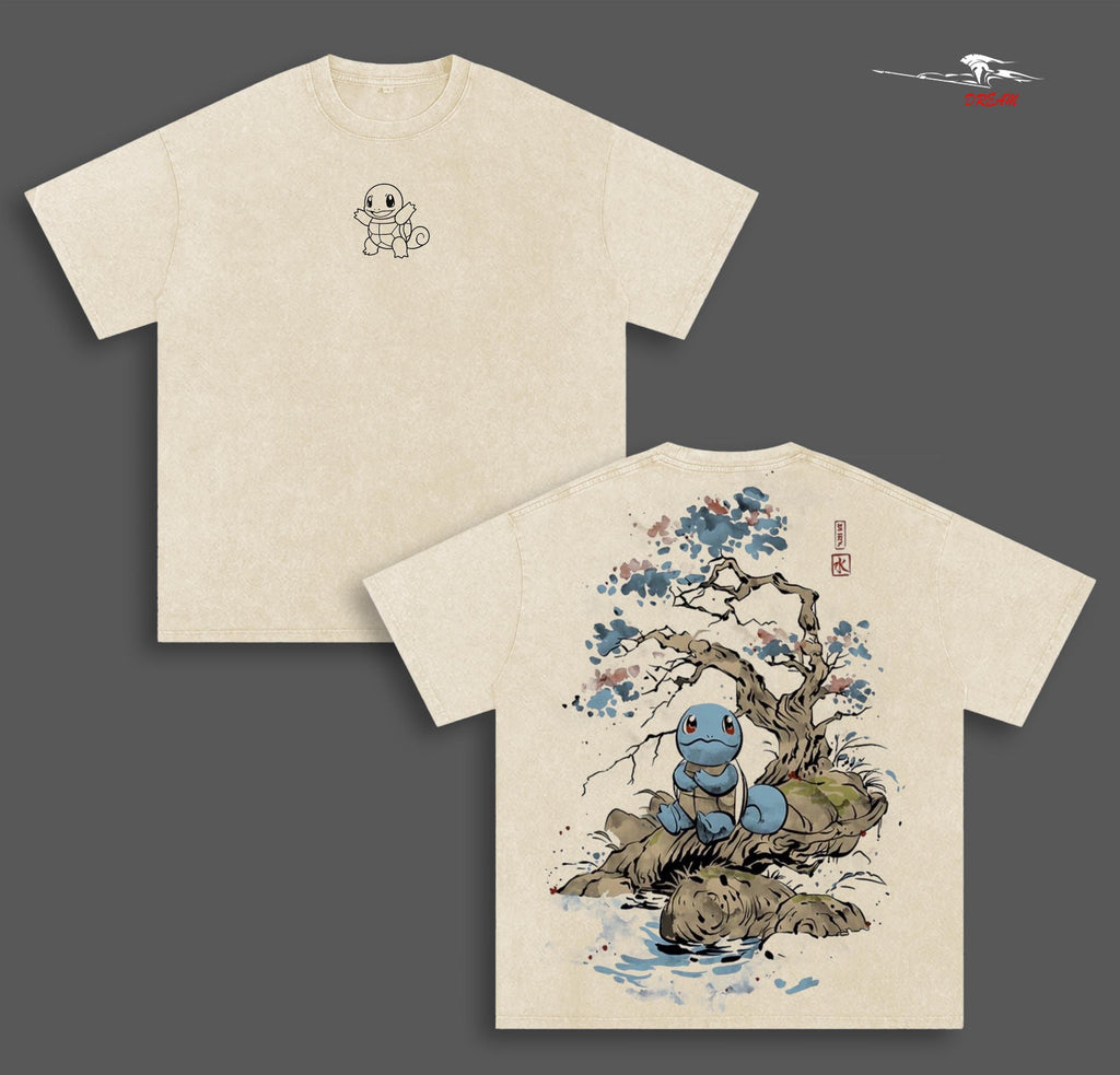 PKM Anime Double Printed Vintage Washed Tee Unisex Oversize Heavyweight Cotton T-shirt for Anime Fans and Lovers