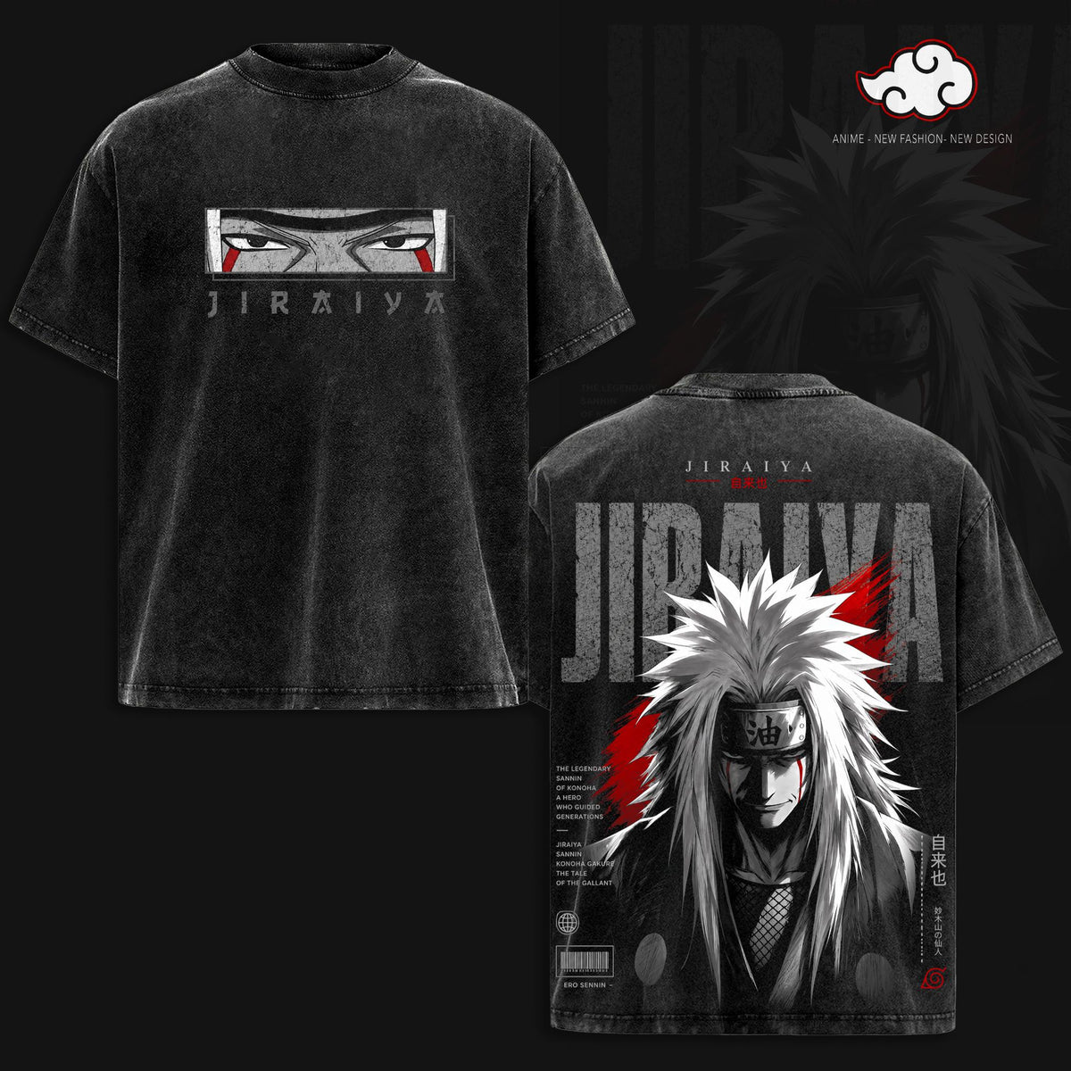 Jiraiya Naruto Anime Vintage Washed Oversized Graphic Tee Legendary Sannin Sage Mode Toad Master Shinobi Streetwear Shirt