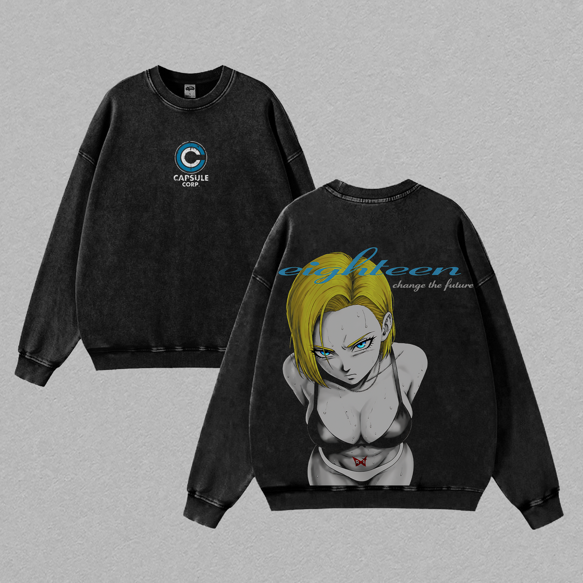 Android 18 DBZ Anime Double Printed Vintage Washed Tee Unisex Oversize Heavyweight Cotton T-shirt for Anime Fans and Lovers