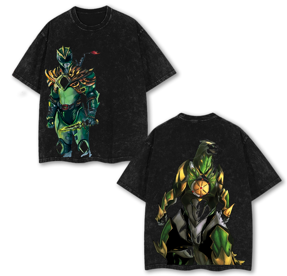 Green Ranger x Dragonzord Mighty Morphinn Power Rangers Edition Double Printed Oversize Lightweight Acid Washed Tee