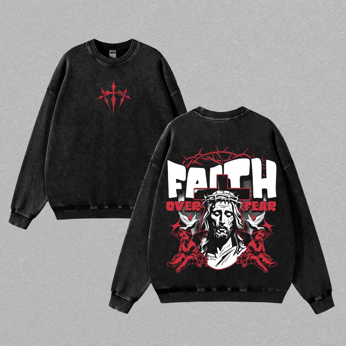 Faith Over Fear Jesus Crown of Thorns Christian Vintage Washed Tee
