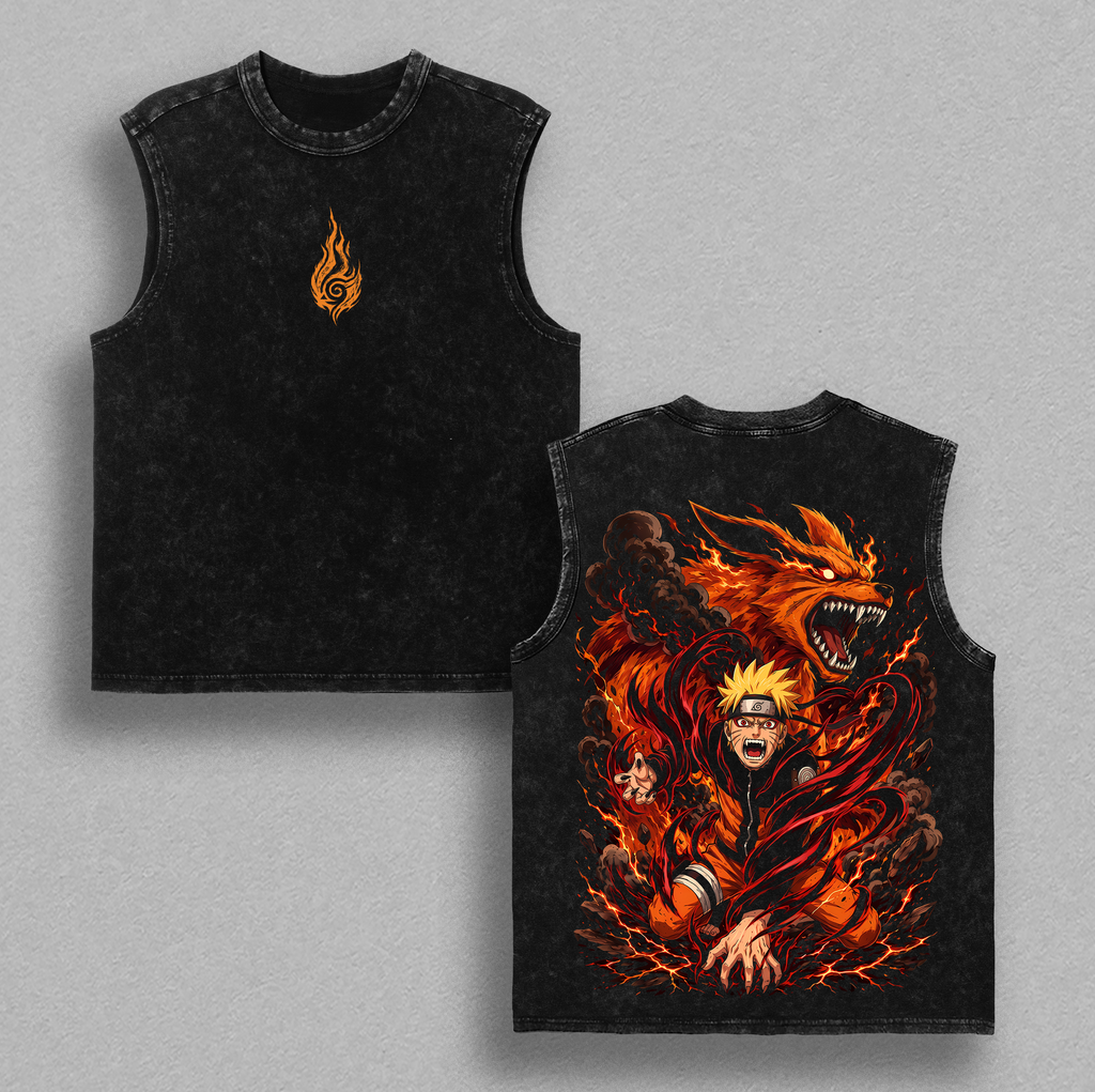 Naruto Kurama Nine Tails Vintage Washed Oversized Graphic Tee, Sage of Six Paths Anime Heavyweight Cotton Streetwear T-Shirt