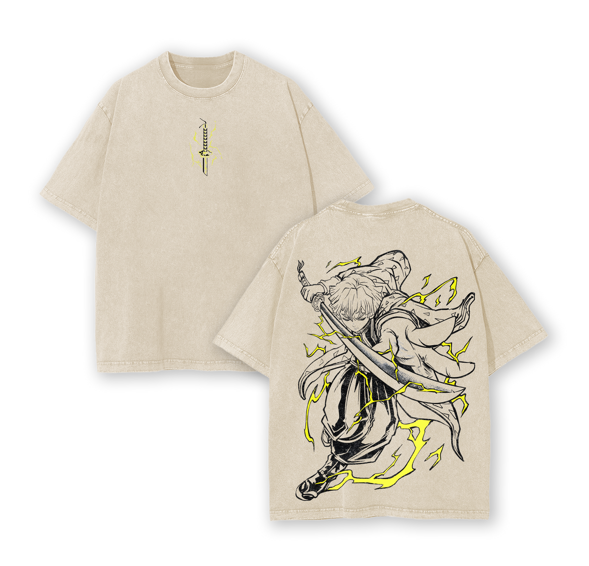 Zenitsu Thunder Breathing Vintage Oversized Washed T-Shirt – Heavy Cotton Graphic Tee Inspired by Demon Slayer