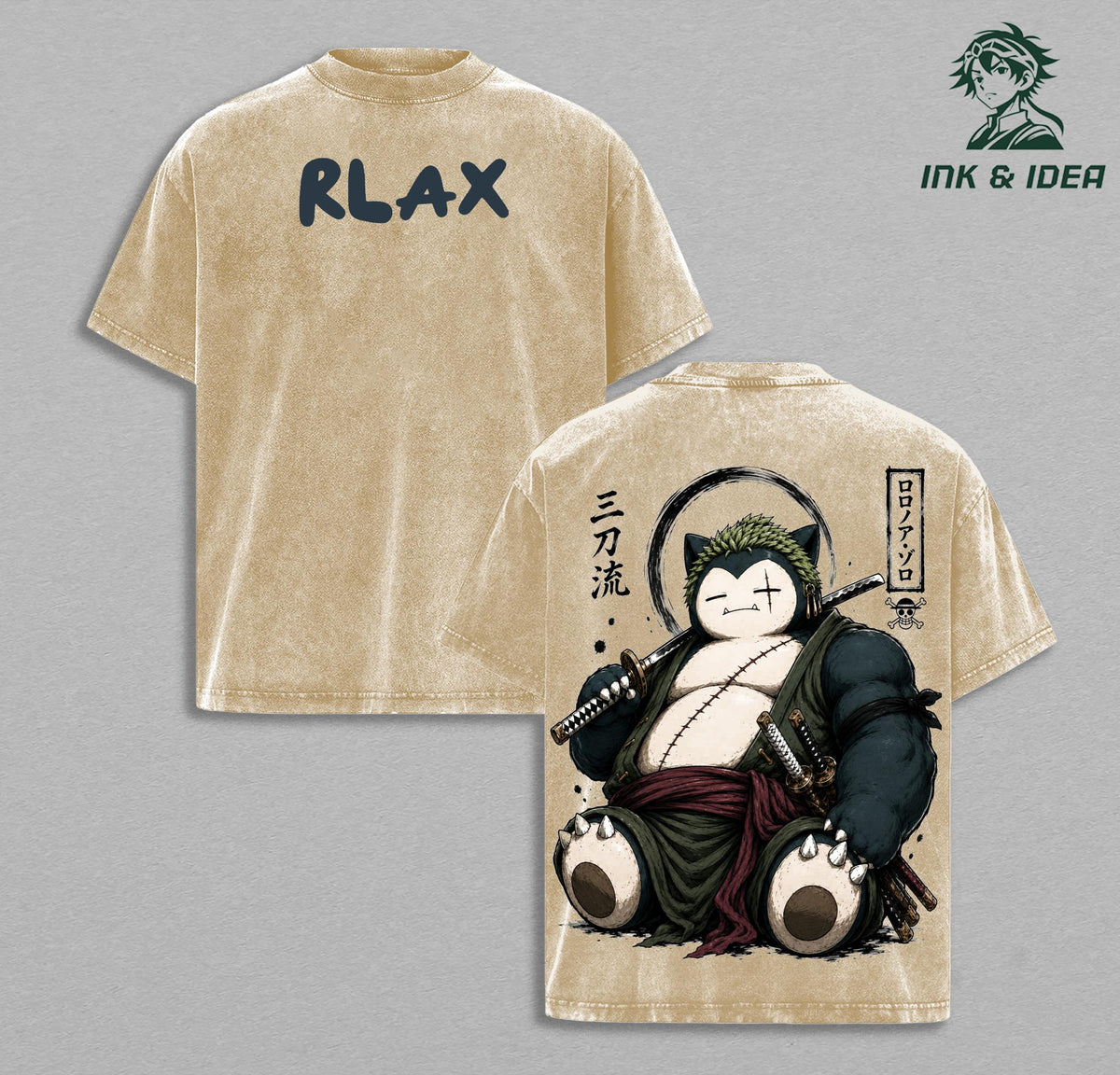 Snorlax Zoro One Piece Vintage Washed Oversized Anime Gym T-Shirt, Samurai PKM Mashup Graphic Tee, Heavyweight Cotton Streetwear Pump Cover Shirt