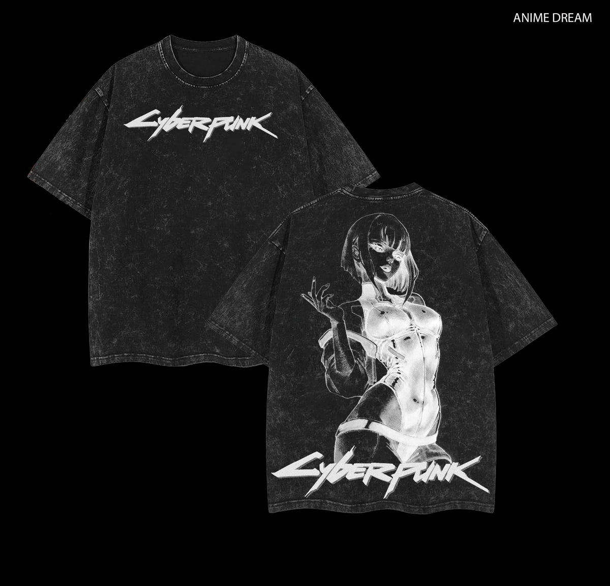 Cyberpunk Lucy Anime Double Printed Vintage Washed Tee Unisex Oversize Heavyweight Cotton T-shirt for Anime Fans and Lovers