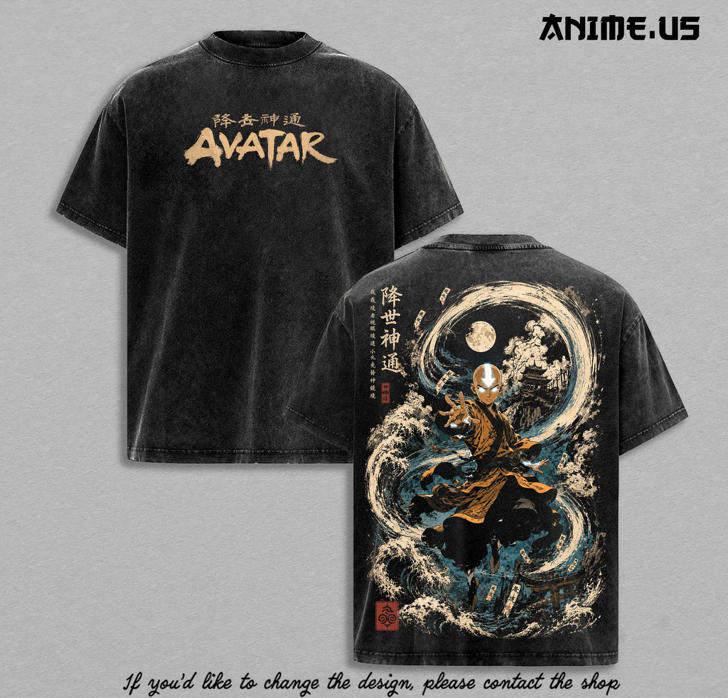Avatar The Last Airbender Aang Waterbending Moon Spirit Vintage Washed T-Shirt Heavyweight Cotton Oversized Anime Streetwear Graphic Tee