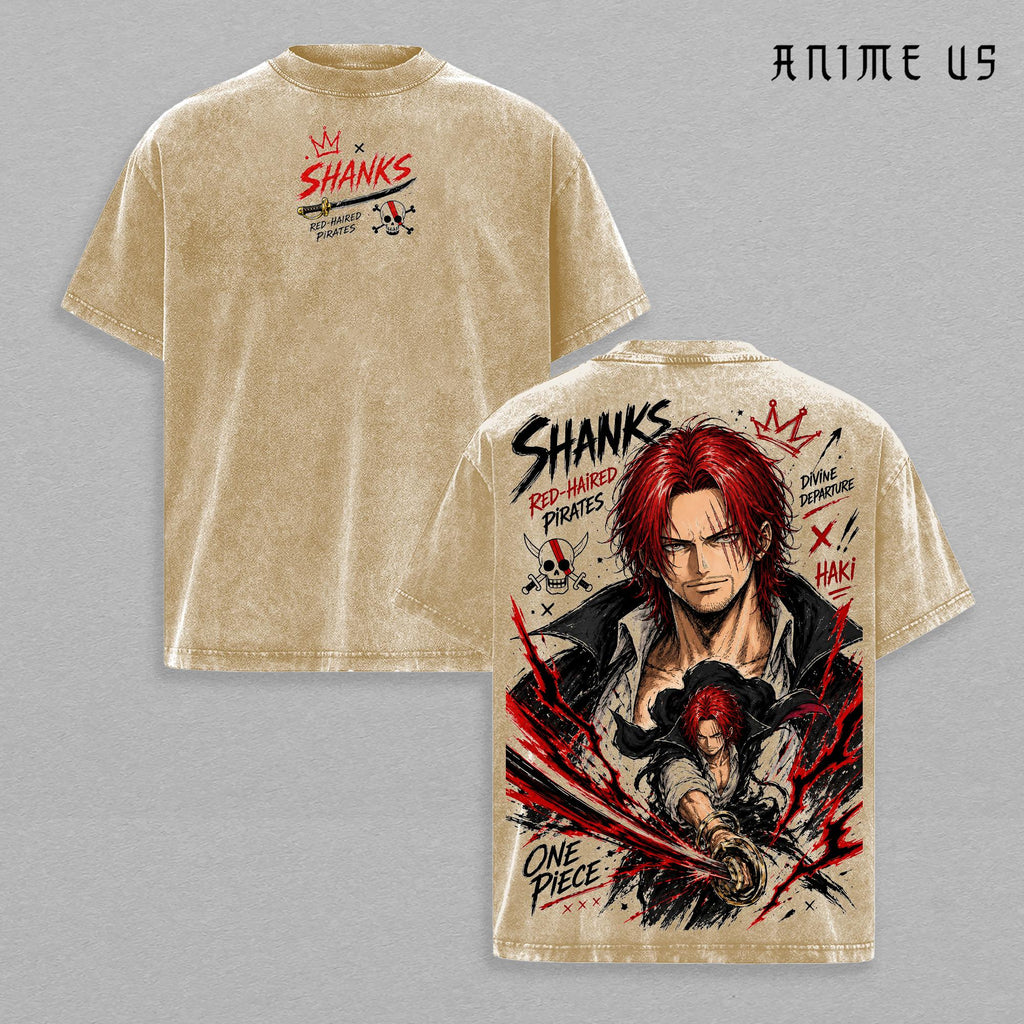 Shanks One Piece Vintage Washed Shirt Red Hair Pirates Haki Graphic Tee Oversized Anime Streetwear Unisex