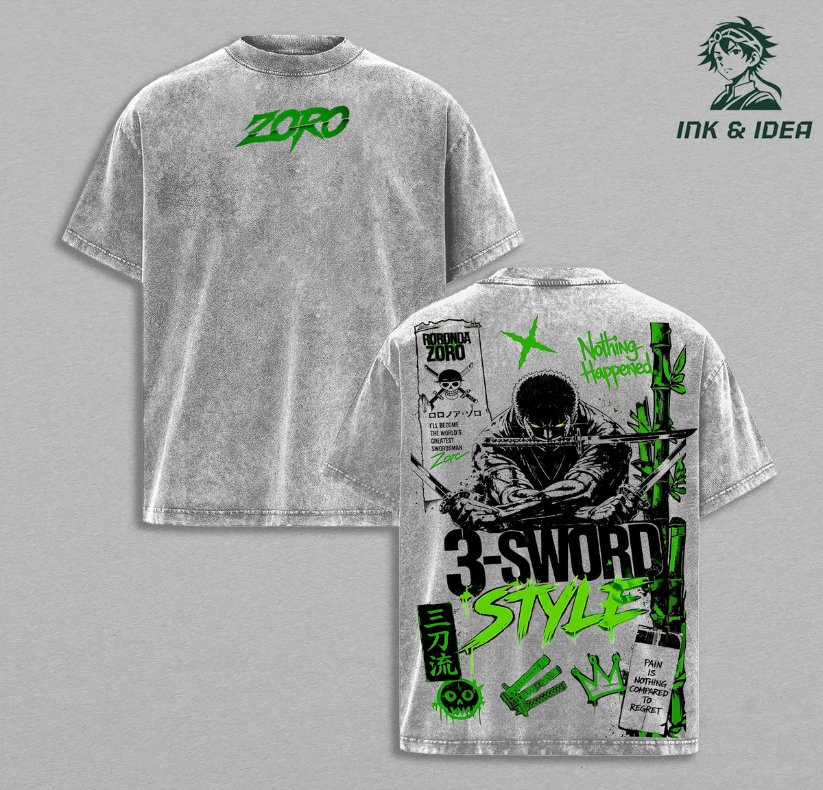 Roronoa Zoro 3 Sword Style One Piece Anime Vintage Washed Tee