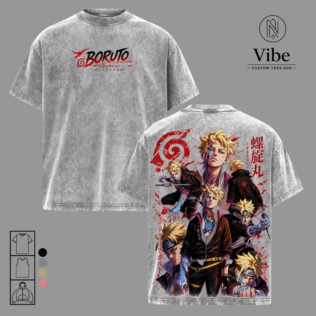 Boruto Uzumaki Two Blue Vortex Vintage Washed Anime T-Shirt, Tank Top Double Printed Manga Graphic Tee, Oversized Heavyweight Cotton Streetwear Shirt