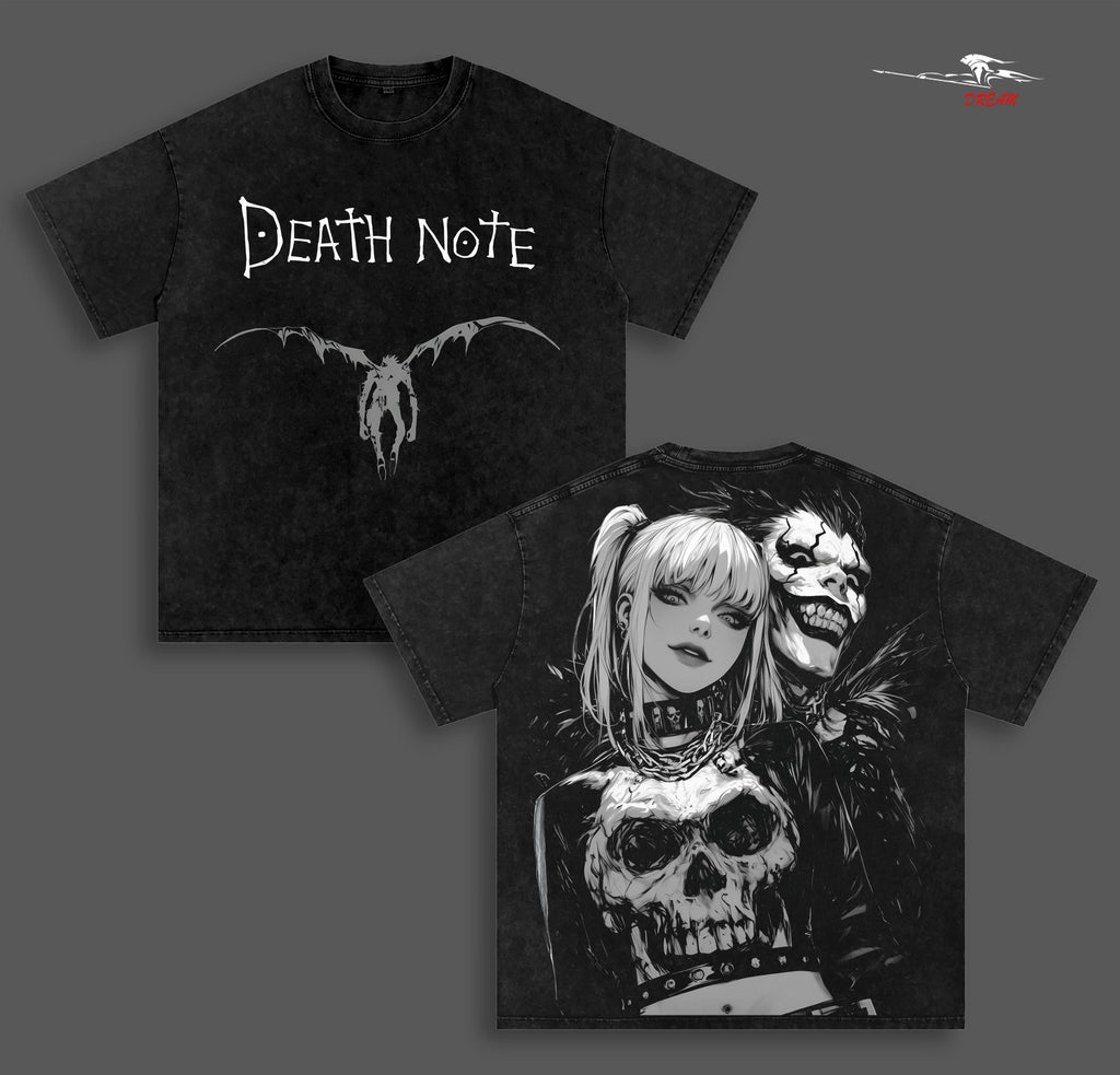 Misa and Ryuk Death Note Anime Double Printed Vintage Washed Tee Unisex Oversize Heavyweight Cotton T-shirt for Anime Fans and Lovers