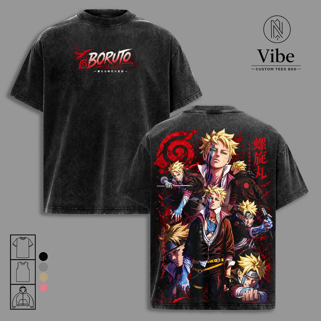 Boruto Uzumaki Two Blue Vortex Vintage Washed Anime T-Shirt, Tank Top Double Printed Manga Graphic Tee, Oversized Heavyweight Cotton Streetwear Shirt