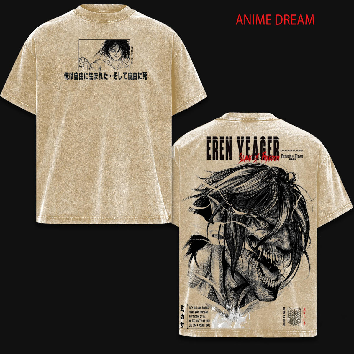 Eren Yeager ATTACK ON TITAN Anime Double Printed Vintage Washed Tee Unisex Oversize Anime Manga Washed Heavyweight Cotton T-shirt