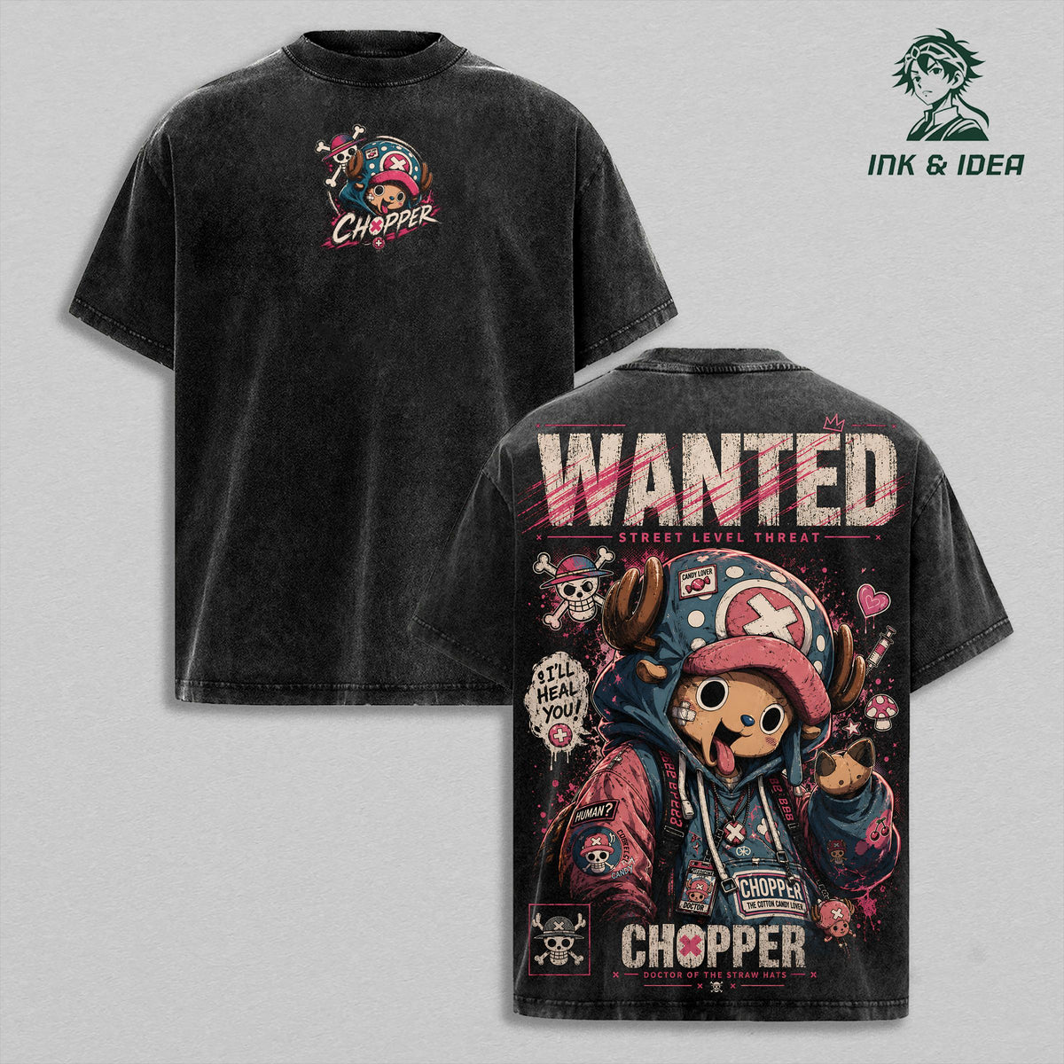 Chopper Double Printed Vintage Washed Tee, Doctor Pirate Graphic Shirt, Oversized Heavyweight Cotton Anime Streetwear for Manga Fans