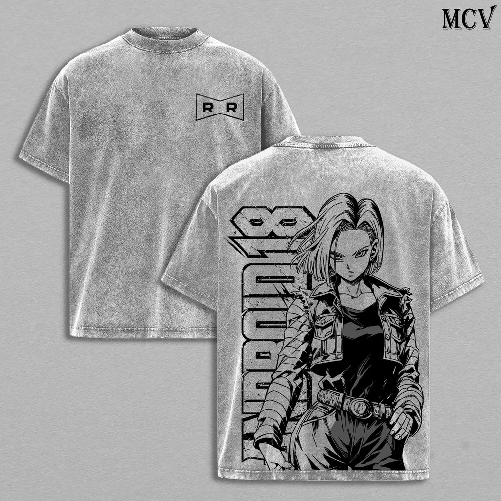 Android 18 DBZ Shirt Vintage Washed Tee | DBZ Anime Streetwear Graphic T-Shirt | Manga Oversized Shirt for Men Women