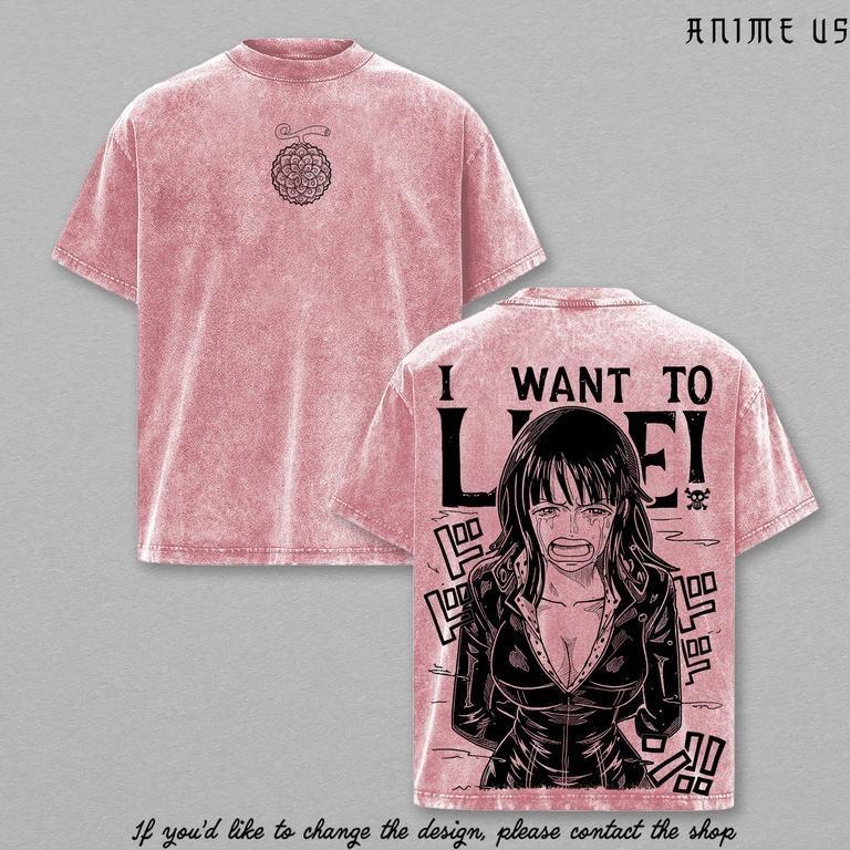 Nico Robinnn “I Want To Live” Vintage Washed Anime T-Shirt Scene Graphic Tee Streetwear Retro Shirt Heavy Cotton Gift for Anime Manga Fans