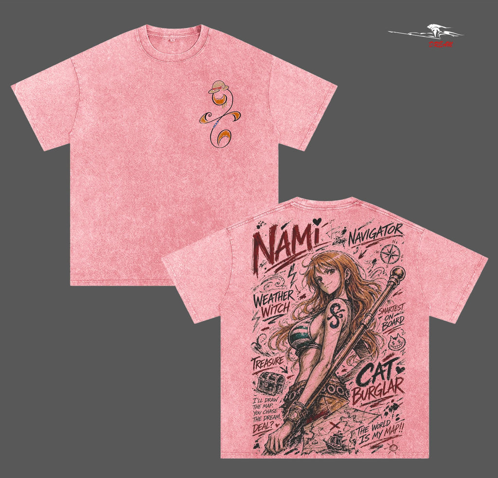 Nami Anime Double Printed Vintage Washed Tee Unisex Oversize Anime Manga Washed Heavyweight Cotton T-shirt