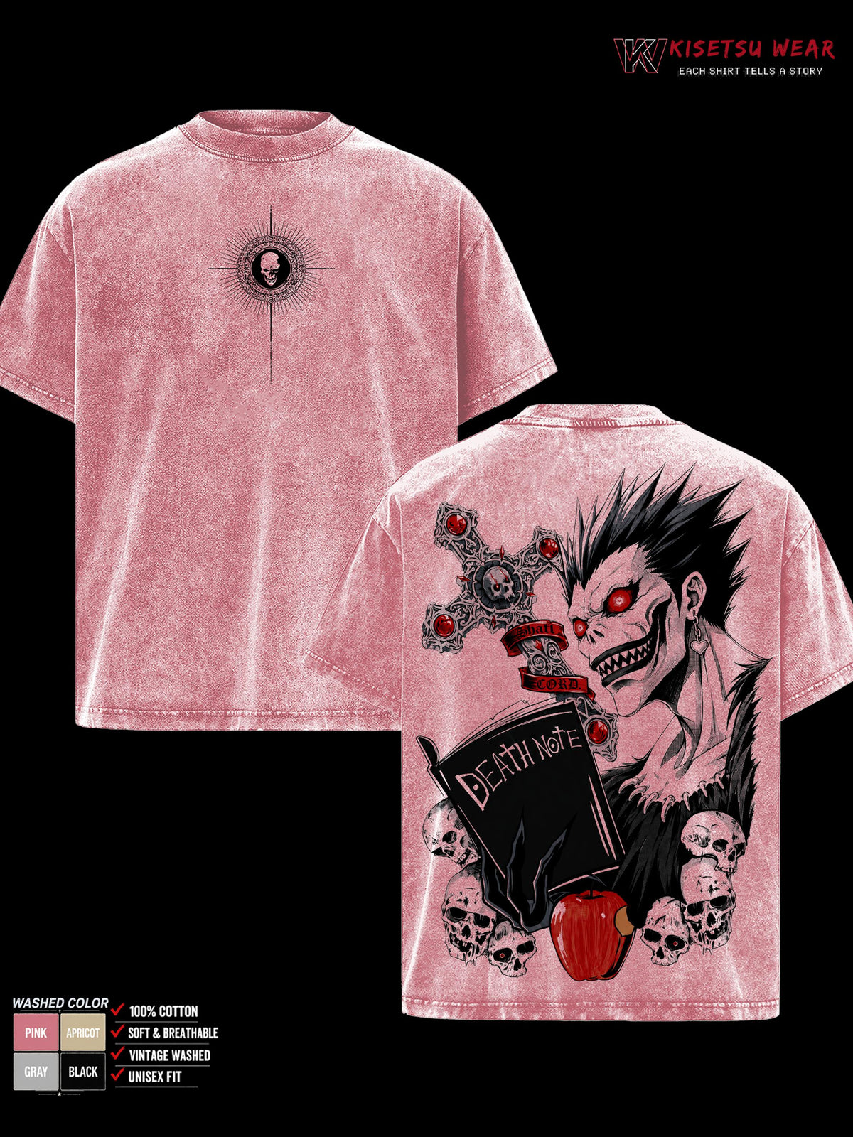 Death Note Ryuk Vintage Washed Shirt, Double Sided Shinigami Anime Graphic Tee, Soft Cotton Oversized Casual Menswear Top