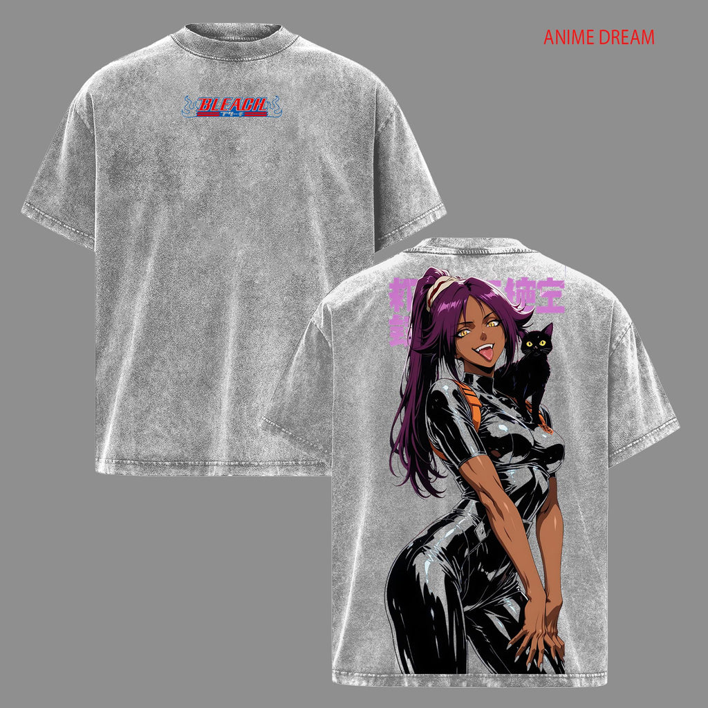 Yoruichi Shihoin Bleach Anime Double Printed Vintage Washed Tee Unisex Oversize Anime Manga Washed Heavyweight Cotton T-shirt