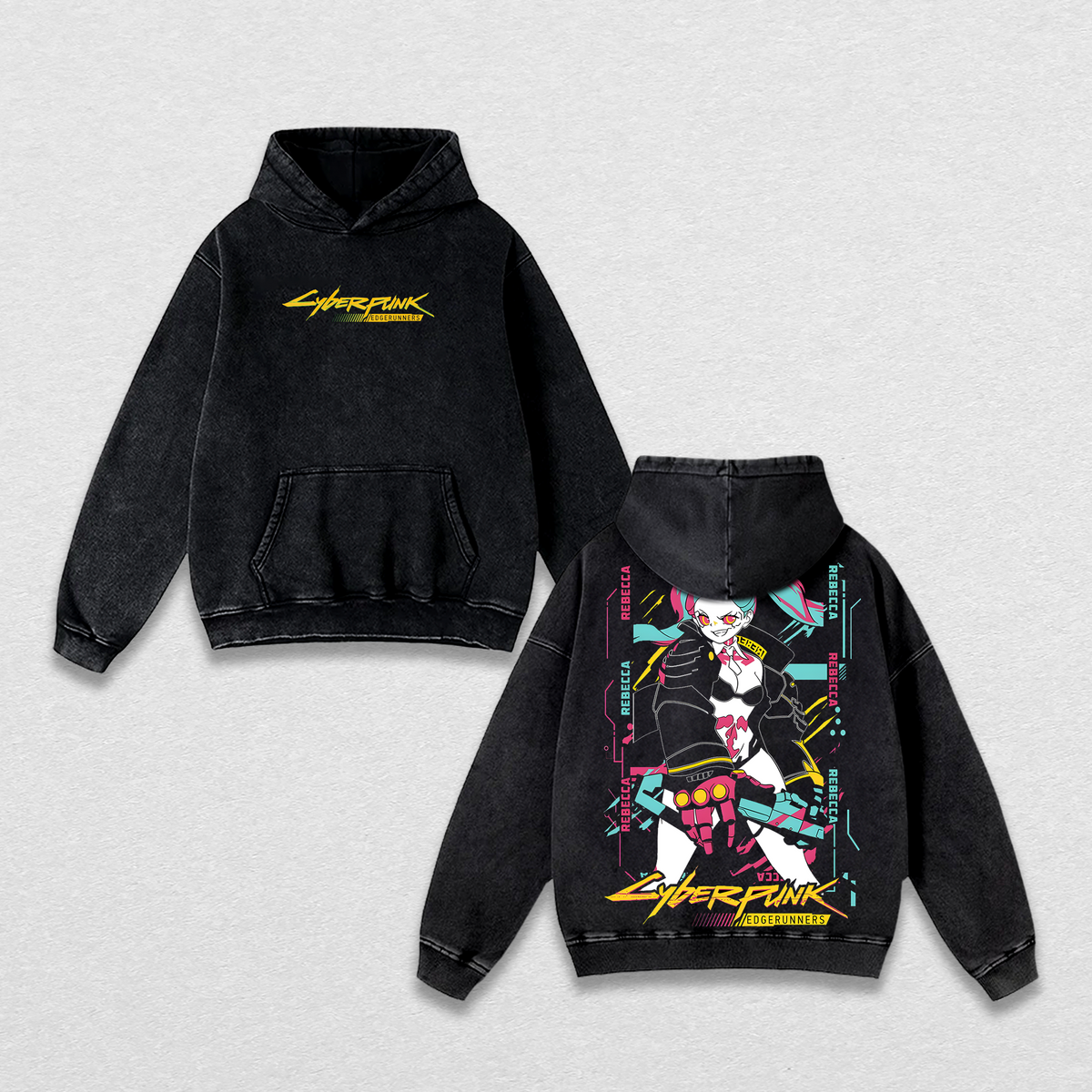 Cyberpunk Edgerunners Rebecca Washed T-Shirt | Vintage Oversized Heavy Cotton Double-Sided Anime Graphic Tee