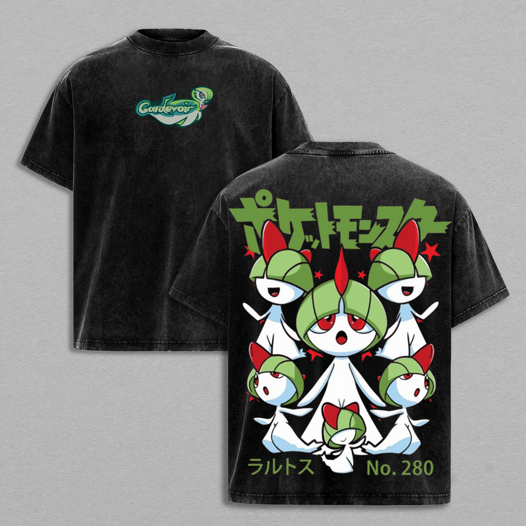 Ralts - Pokemon Anime Double Printed Vintage Washed Tee Unisex Oversize Heavyweight Cotton T-shirt for Anime Fans and Lovers