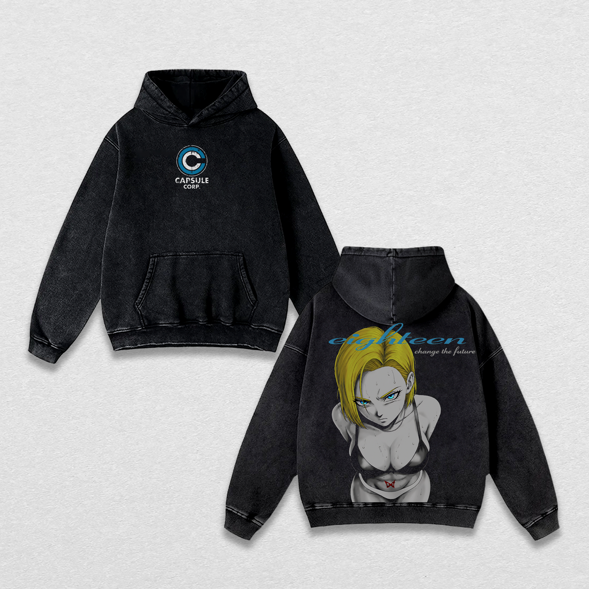 Android 18 DBZ Anime Double Printed Vintage Washed Tee Unisex Oversize Heavyweight Cotton T-shirt for Anime Fans and Lovers
