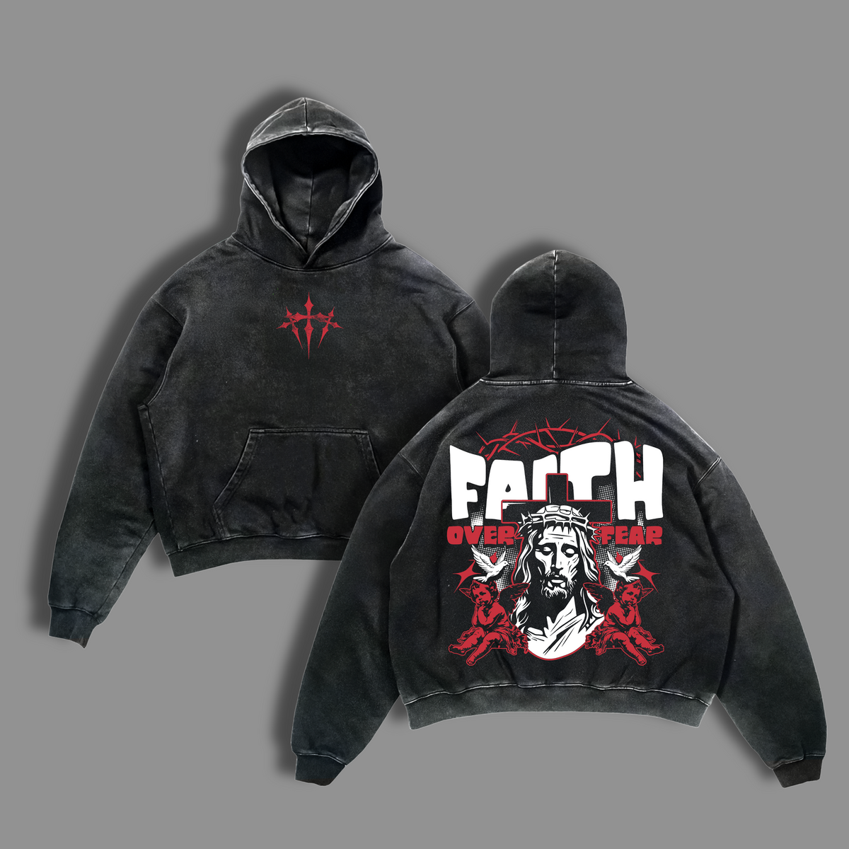 Faith Over Fear Jesus Crown of Thorns Christian Vintage Washed Tee