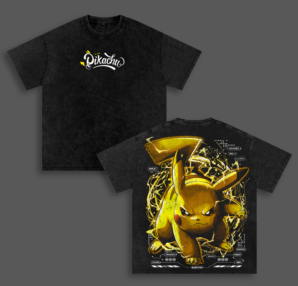 Pikachu - Pokemon Anime Double Printed Vintage Washed Tee Unisex Oversize Heavyweight Cotton T-shirt for Pokemon Fans
