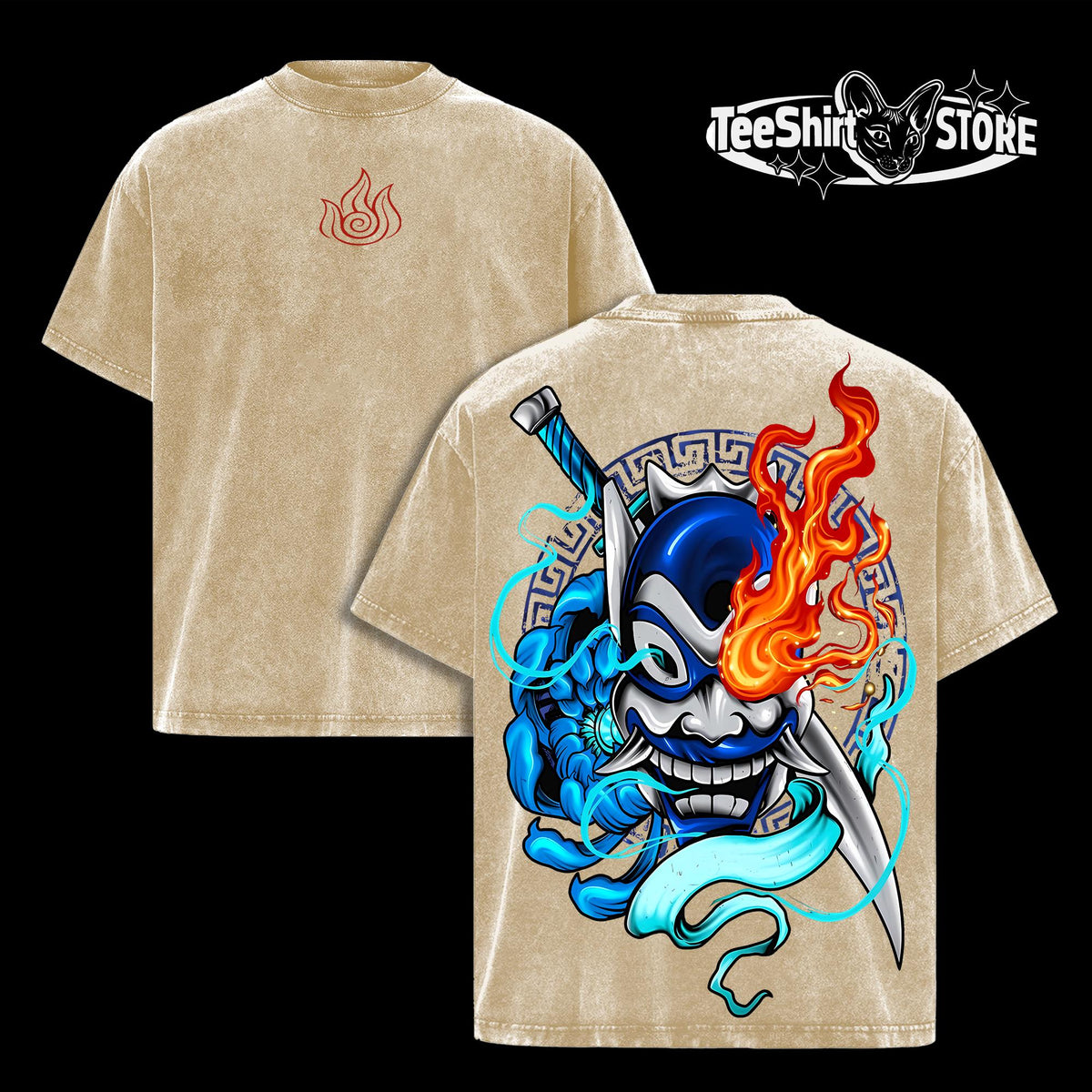 Zuko Blue Spirit Mask Tee – Avatar The Last Airbender Vintage Washed Oversized Anime T-Shirt, Heavyweight Cotton Unisex Graphic Streetwear Top