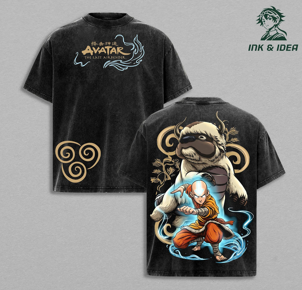 Avatar The Last Airbender Aang & Appa Vintage Washed Tee, Air Nomad Anime Graphic Shirt