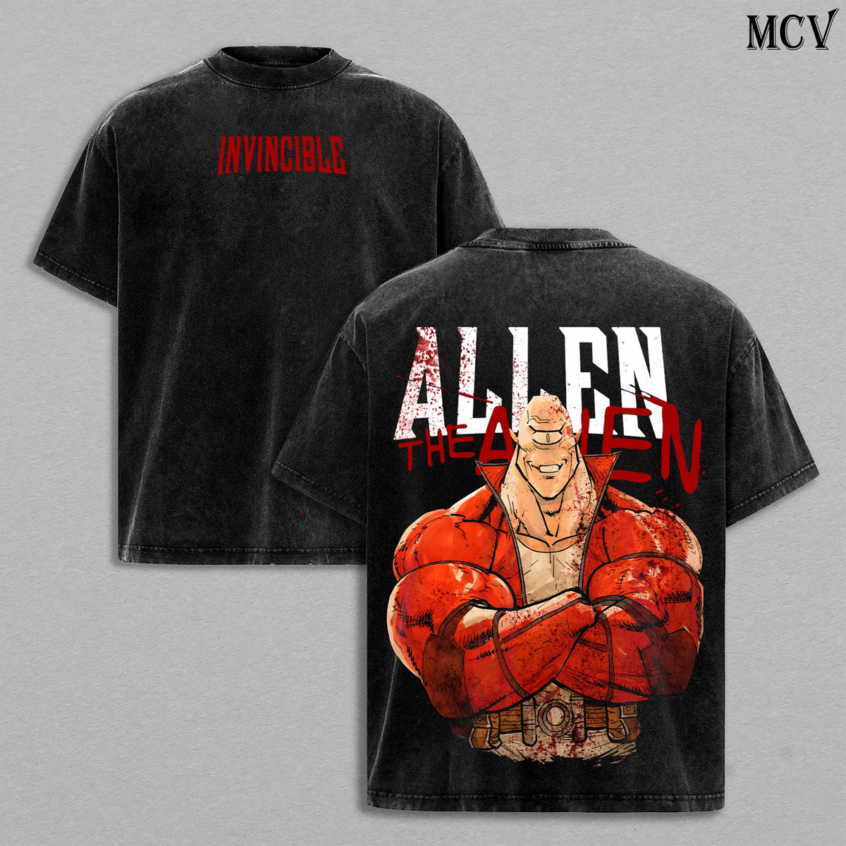 Allen Invincible Anime Double Printed Vintage Washed Tee Unisex Oversize Heavyweight Cotton T-shirt for Anime Fans