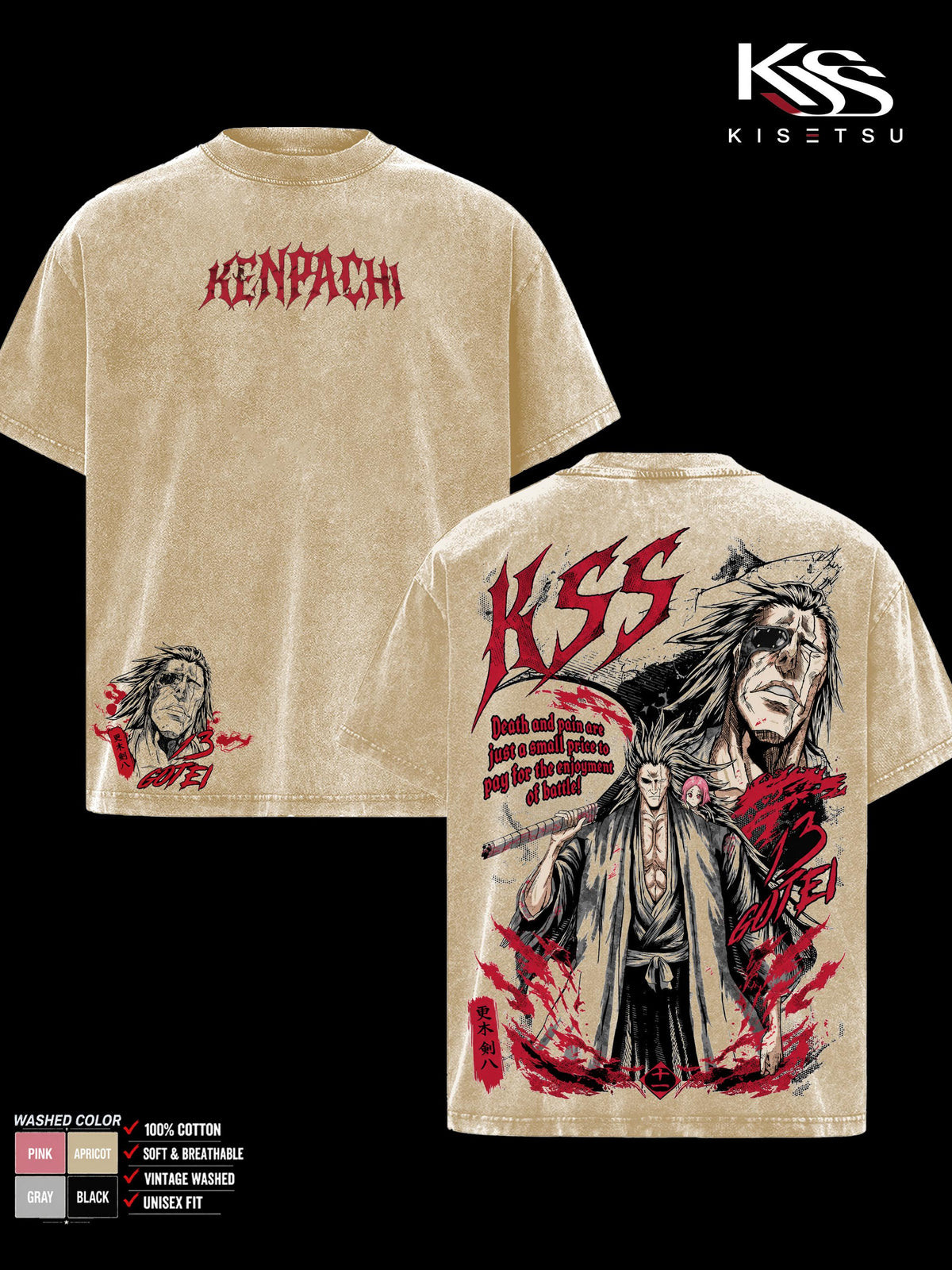 Bleach Kenpachi 13 Gotei Men’s T-Shirt, Vintage Washed Graphic Tee, Classic Casual Soft Cotton Crewneck Streetwear Apparel, Anime Clothes for Fans