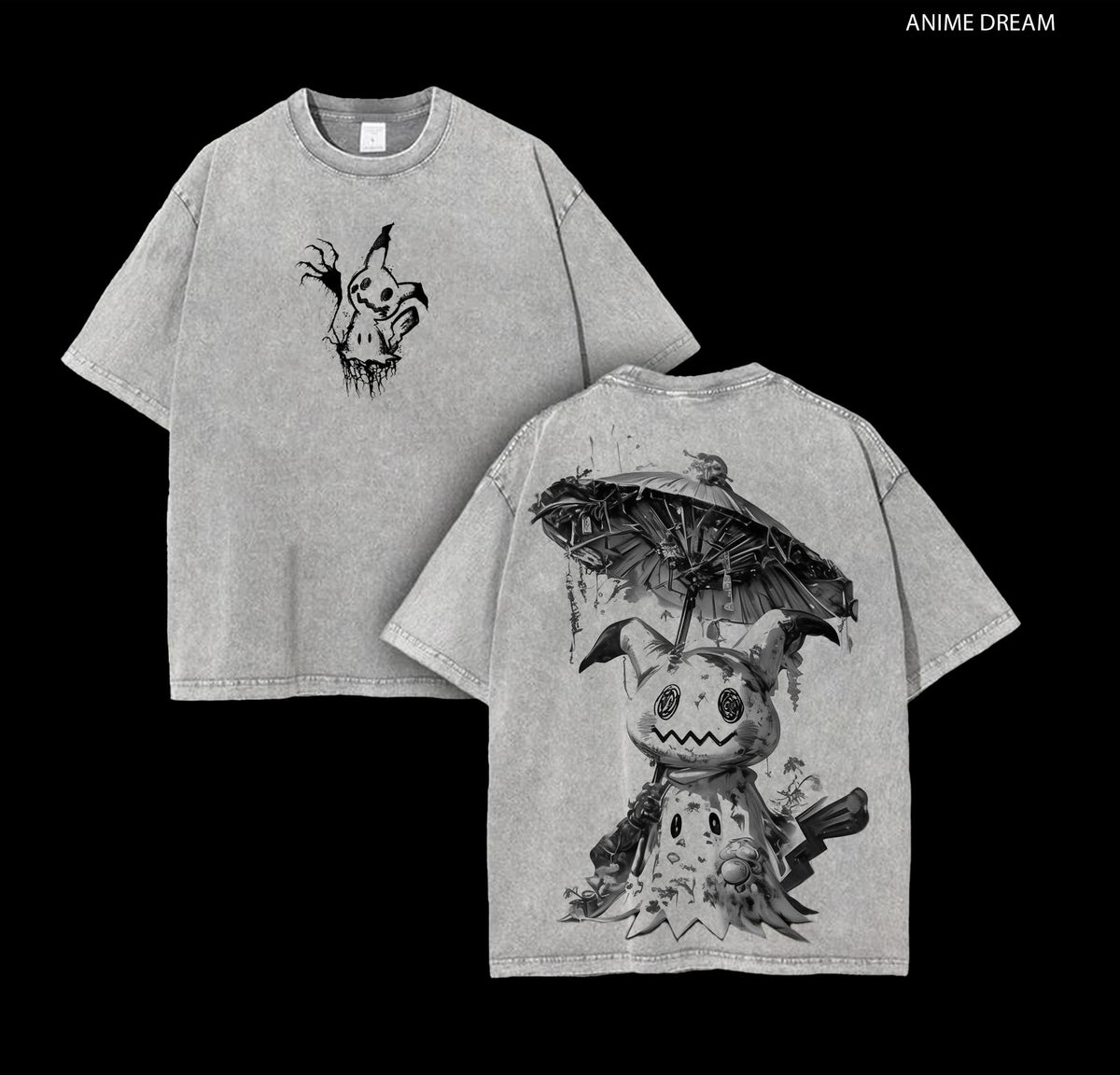 Mimikyu PKM Anime Double Printed Vintage Washed Tee Unisex Oversize Anime Manga Washed Heavyweight Cotton T-shirt, Gift For Anime Fan, Anime Lover