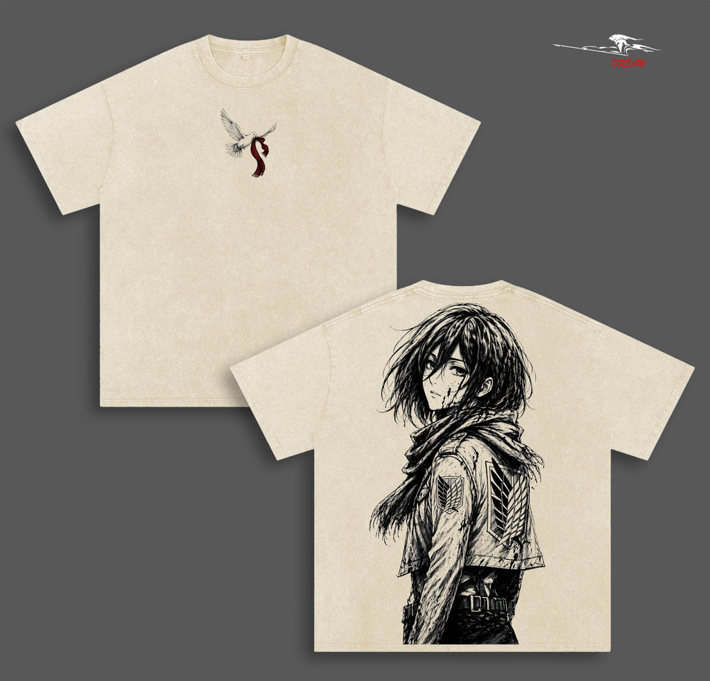 Mikasa Ackerman Attack on Titan Anime Double Printed Vintage Washed Tee Unisex Oversize Anime Manga Washed Heavyweight Cotton T-shirt