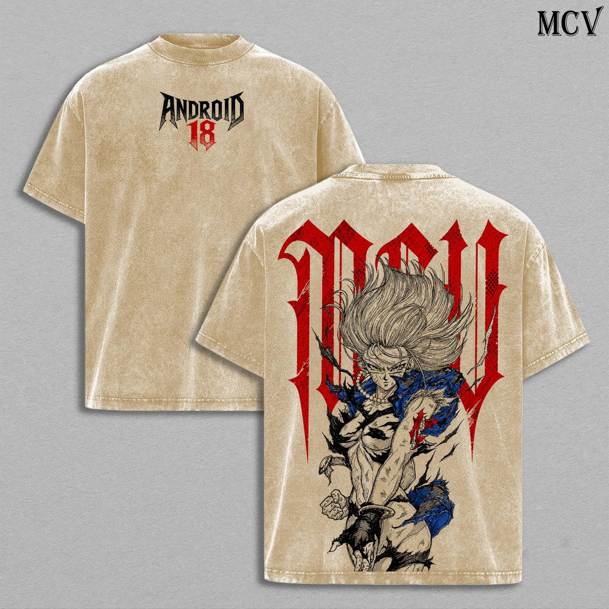 Android 18 DBZ Blonde Cyborg 18 Vintage Washed T-Shirt | Anime Android Girl Graphic Tee | Retro Power Fighter Streetwear Oversized Shirt