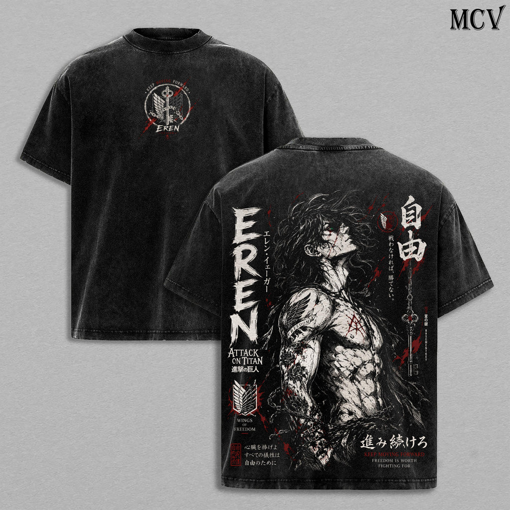 Eren Yeager Attack on Titan Gothic Tattoo Anime Vintage Washed Tee