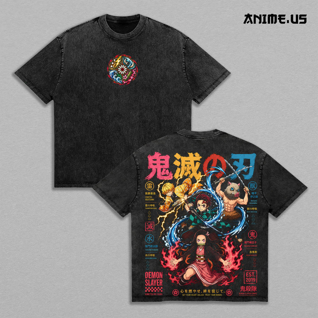 Tanjiro Nezuko Zenitsu Inosuke Demon Slayer Anime Vintage Washed Tee