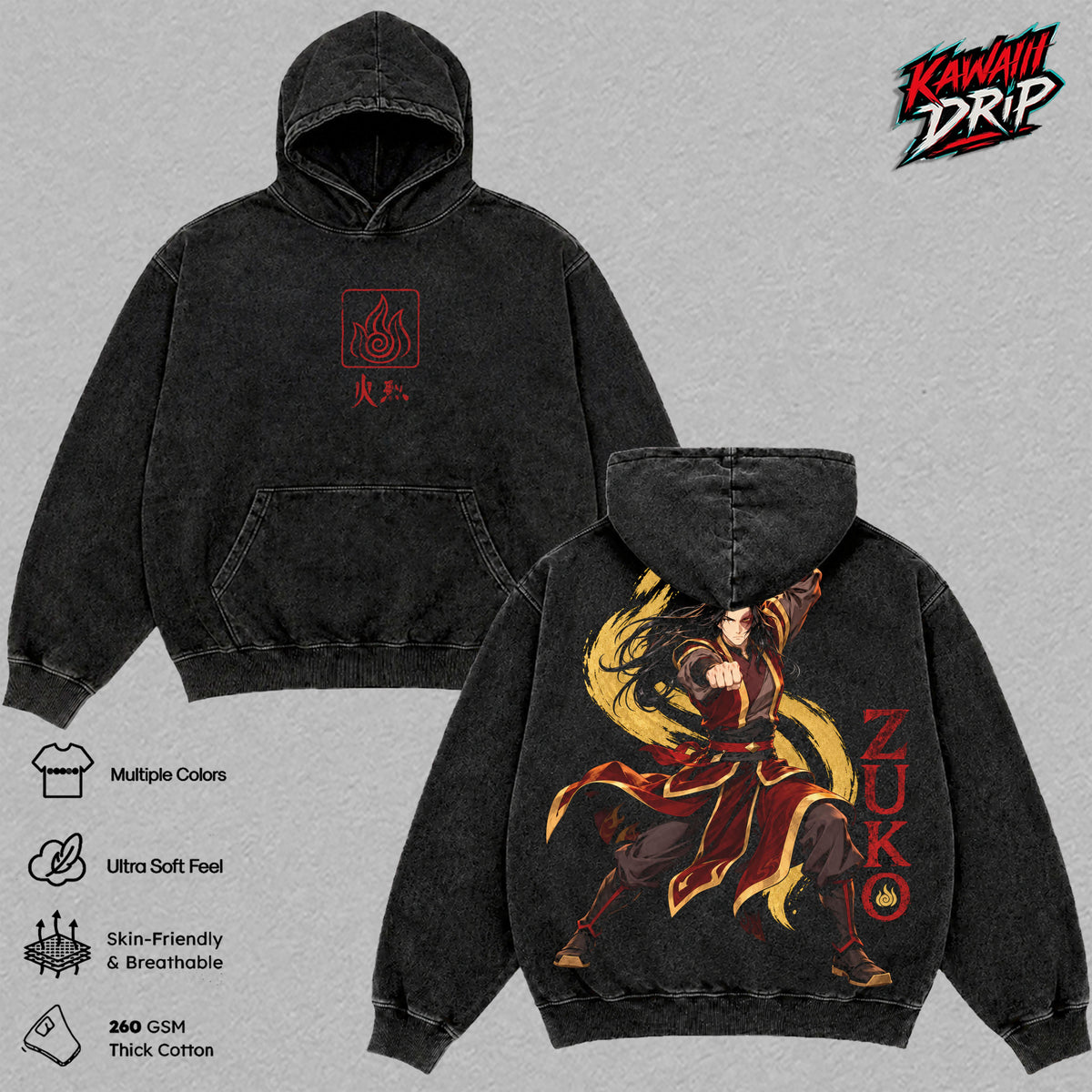 Zuko Avatar The Last Airbender Anime Vintage Washed Hoodie