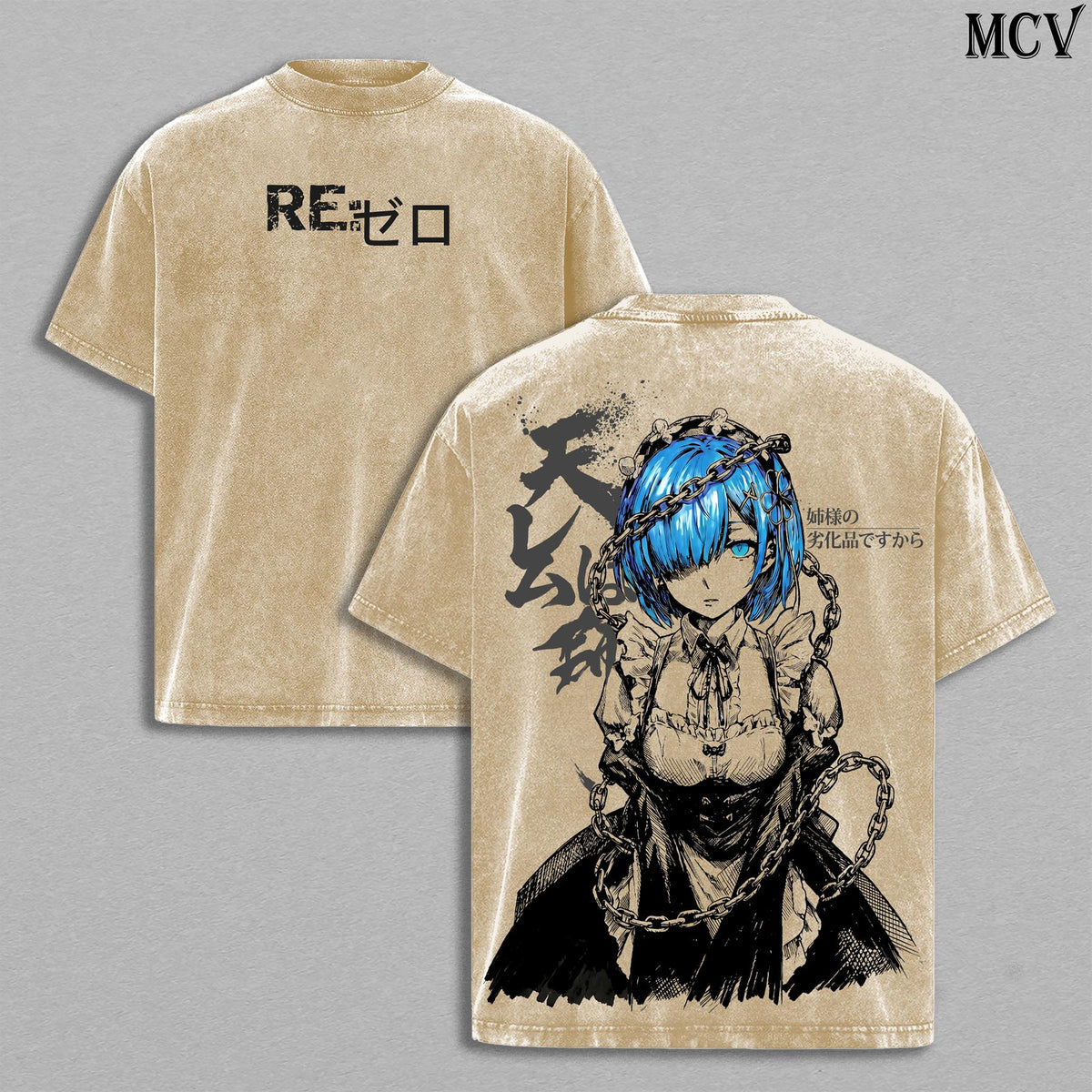 Rem Re:Zero Tee – Rem Vintage Washed T-Shirt | Best Girl | Blue Hair Waifu Anime Manga Graphic Tee | Heavy Cotton Unisex Oversized Streetwear Top