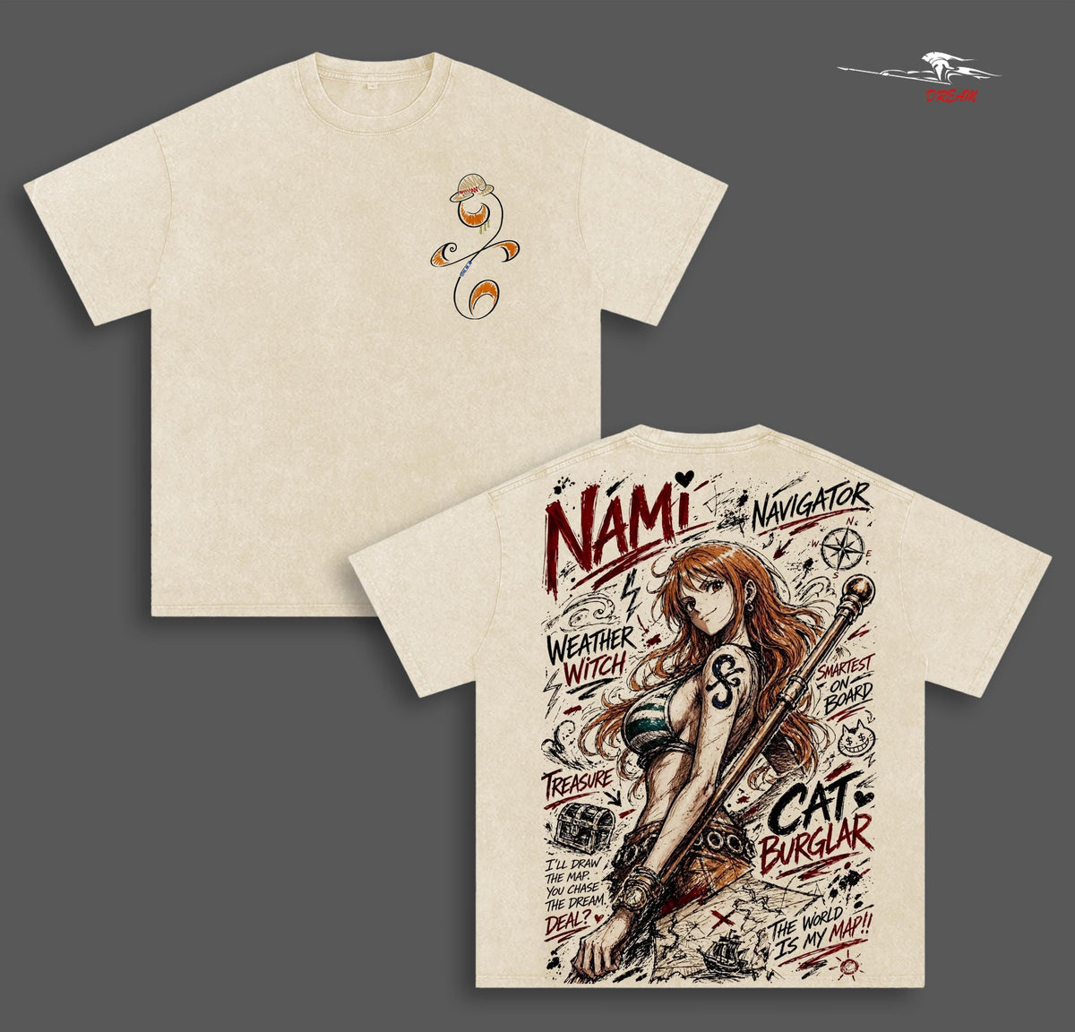 Nami Anime Double Printed Vintage Washed Tee Unisex Oversize Anime Manga Washed Heavyweight Cotton T-shirt